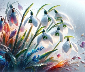 Grafika, Krople, Przebiśniegi, Kwiaty