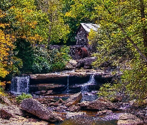 Drzewa, Wirginia Zachodnia, Jesień, Stany Zjednoczone, Park Babcock State, Glade Creek Grist Mill, Rzeka, Skały, Młyn wodny