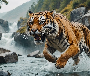 Przyroda, Tygrys, Pręgi, Zwierzę, Natura, Akcja, Dzikie, Drapieżne, Paszcza, Sierść, Kamienie, Kły, Rzeka, Ogon, Skok, Woda
