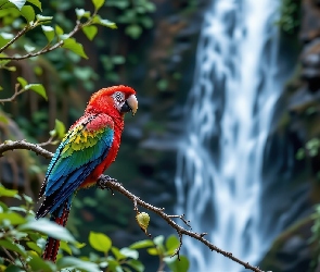 Grafika AI, Wodospad, Ara, Papuga, Drzewo, Gałązki