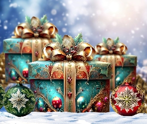 Prezenty, Grafika, Śnieg, Bombki, Boże Narodzenie