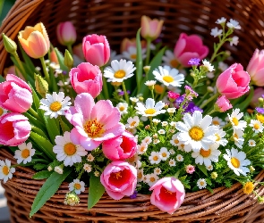 Koszyk, Bukiet, Tulipany, Grafika AI, Wiosenny, Kwiaty, Stokrotki