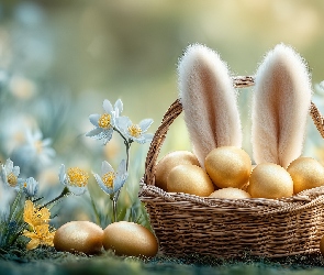 Jajka, Białe, Złote, Uszy królika, Wielkanoc, Koszyk, Grafika AI, Kwiaty