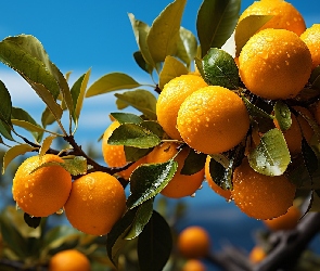 AI, Grafika, Pomarańcze, Mokre, Gałązki, Listki