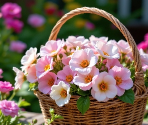 Białe, Koszyk, Kamelie, Różowe, Kwiaty