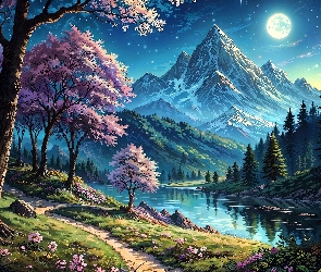 Kwiaty, Droga, Góry, Grafika AI, Rzeka, Drzewa