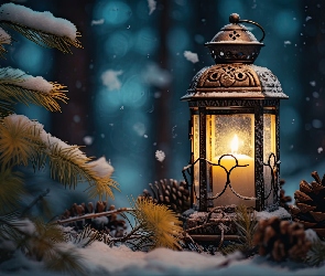Lampion, Śnieg, Gałązki, Szyszki, Zima