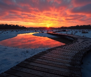 Jezioro, AI, Zachód słońca, Pomost, Zima