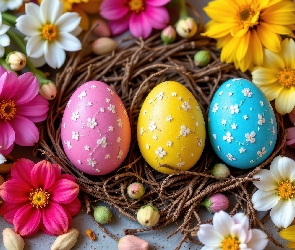 Kwiaty, Kolorowe, Trzy, Wielkanoc, Pisanki, Gniazdko