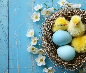 Deski, Kwiatki, Białe, Niebieskie, Kurczaczki, Trzy, Dwie, Niebieskie, Gniazdo, Pisanki