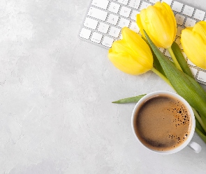 Kawa, Klawiatura, Trzy, Filiżanka, Tulipany, Kwiaty, Żółte