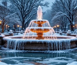 Kamienice, Drzewa, Fontanna, Zima, Latarnie, Ośnieżone