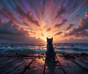 Krajobraz, Dzikie, Maskotka, Fale, Morze, Chmury, Pomost, Zwierzę, Domowe, Niebo, Komputerowa, Kot, Grafika, Siedzący, Zachód, Słońca
