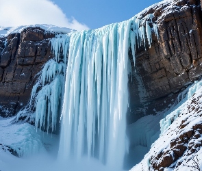Wodospad, Zima, Śnieg, Sople, Skały