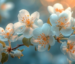 Drzewo owocowe, Gałąź, Kwiaty, Białe, Żółte, Pręciki