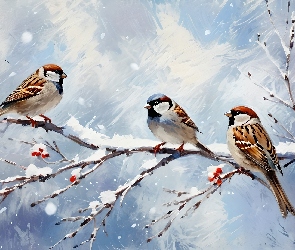 Grafika, Zima, Ptaki, Cztery, Gałązka, Śnieg