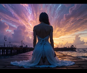 Grafika, Sukienka, Morze, Krajobraz, Komputerowa, Niebo, Osoba, Dziewczyna, Biała, Nabrzeże, Fantasy Fantasy, Siedząca, Chmury, Molo, Zachód, Słońca