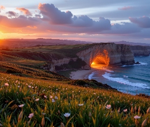 Zbocze, Światło, Łąka, Jaskinia, Zachód słońca, Klif, Grafika AI, Morze