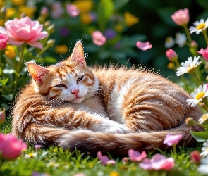 Leżący, Kwiaty, Kot