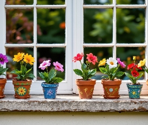 Okno, Parapet, Kwiaty, Doniczki