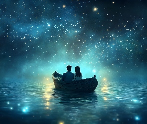 Łódka, Grafika, Gwiazdy, Zakochani, Jezioro