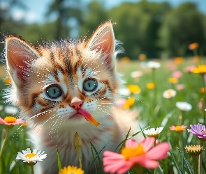 Grafika AI, Kwiaty, Kot, Łąka