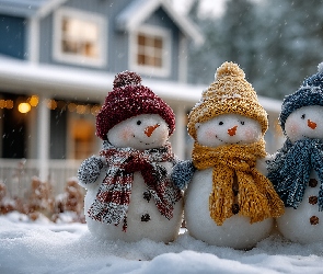 Zima, Szaliki, Bałwanki, Grafika AI, Czapki, Trzy, Kolorowe