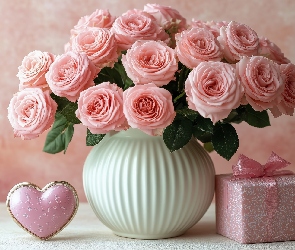 Serce, Wazon, Jasnoróżowe, Prezent, Bukiet, Kwiaty, Róże