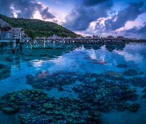 Polinezja Francuska, Tahiti, Morze, Francja, Chmury, Domki, Ocean Spokojny