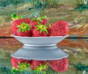 Dojrzałe, Odbicie, Talerz, Czerwone, Truskawki