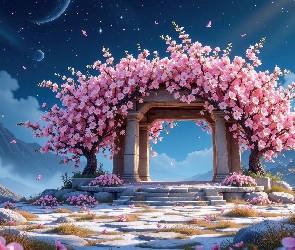 Niebo, Różowe, Kwitnące, Kwiaty, Drzewo, Schody, Gwiazdy, Księżyc, Budowla