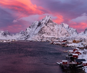 Reine, Góry, Norwegia, Morze, Ośnieżone, Lofoty, Zima, Domy