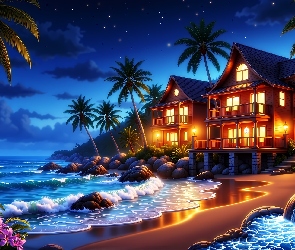 Morze, Grafika AI, Domy, Palmy, Plaża