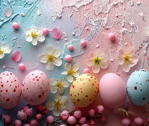 Białe, Pąki, Kropkowane, Kwiatki, Różowe, Wielkanoc, Pisanki