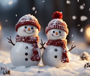 Szaliki, Czapki, Dwa, Śnieg, Czerwone, Zima, Bałwanki