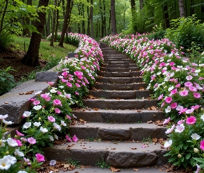 Kwiaty, Drzewa, Schody