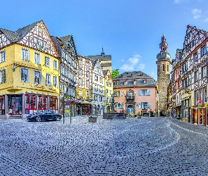 Brukowana, Domy, Cochem, Ulica, Wieża, Niemcy, Rynek