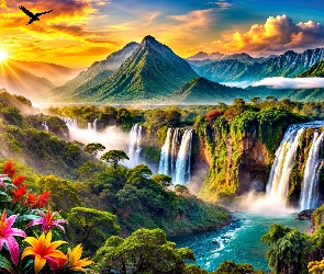 Grafika, Zachód Słońca, Kwiaty, Góry, Drzewa, Wodospady