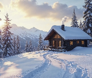Zima, Ślady, Dom, Słońce, Śnieg, Ośnieżony, Las, Drzewa, Góry
