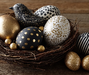 Złote, Ptak, Wielkanoc, Grafika AI, Figurka, Gniazdko, Białe, Czarne, Pisanki