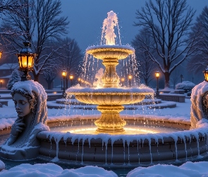 Śnieg, Latarnie, Fontanna, Drzewa, Oświetlone, Zima, Figury
