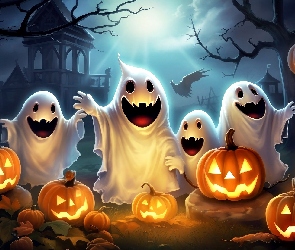 Grafika, Noc, Dynie, Halloween, Wesołe, Duchy