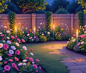 AI, Mur, Świece, Ogród, Kwiaty, Ścieżka