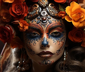 Twarz, AI, Bodypainting, Kwiaty, Kobieta