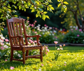 Drzewo, Kwiaty, Ogród, Krzesło