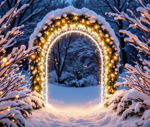 Oświetlony, Łuk, Drzewa, Zima, Ośnieżone, Gałęzie