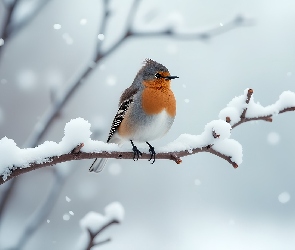 Grafika, Zima, Ptak, Rudzik, Ośnieżona, Gałązka