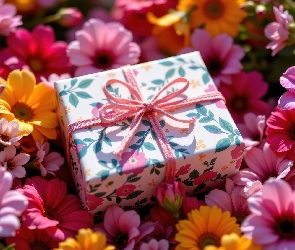 Pudełko, Kwiaty, Kokarda, Prezent, Kwieciste