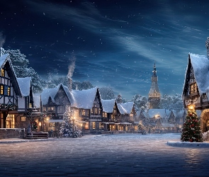 Domy, Grafika, Choinki, Oświetlone, Zima