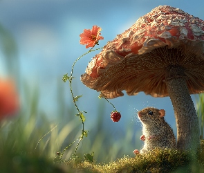 Grafika AI, Kwiat, Grzyb, Myszoskoczek, Malina, Trawa